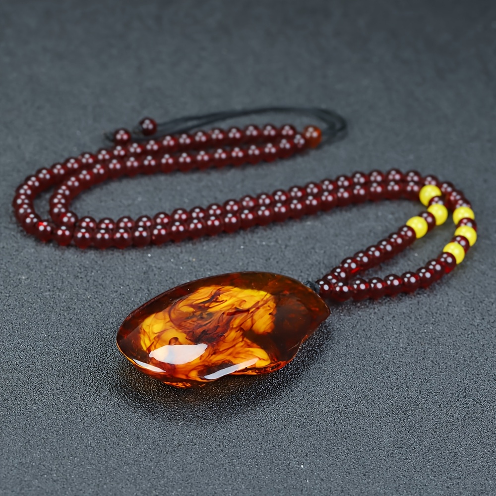 Natural Flower Amber Freeform Pendant Necklace, Vintage Style
